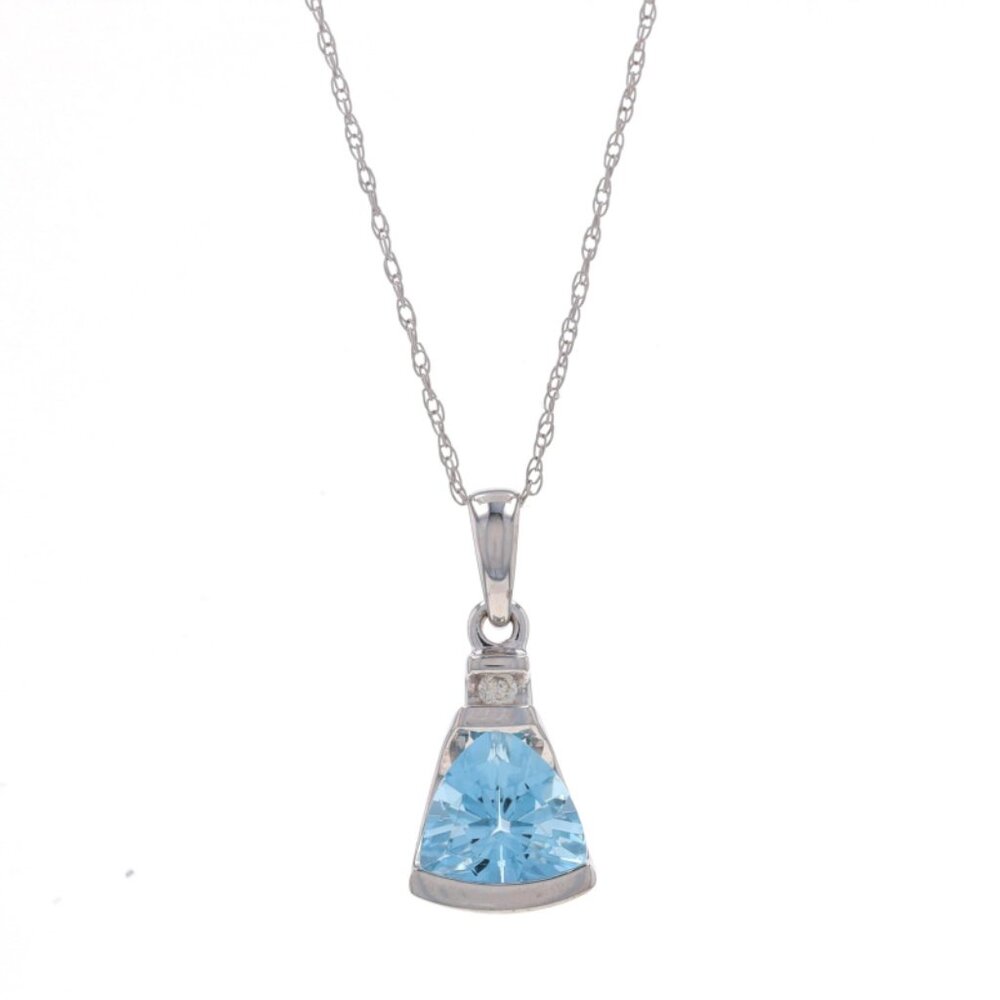 White Gold Aquamarine & Diamond Pendant Necklace 16" - 14k Trillion 1.62ctw